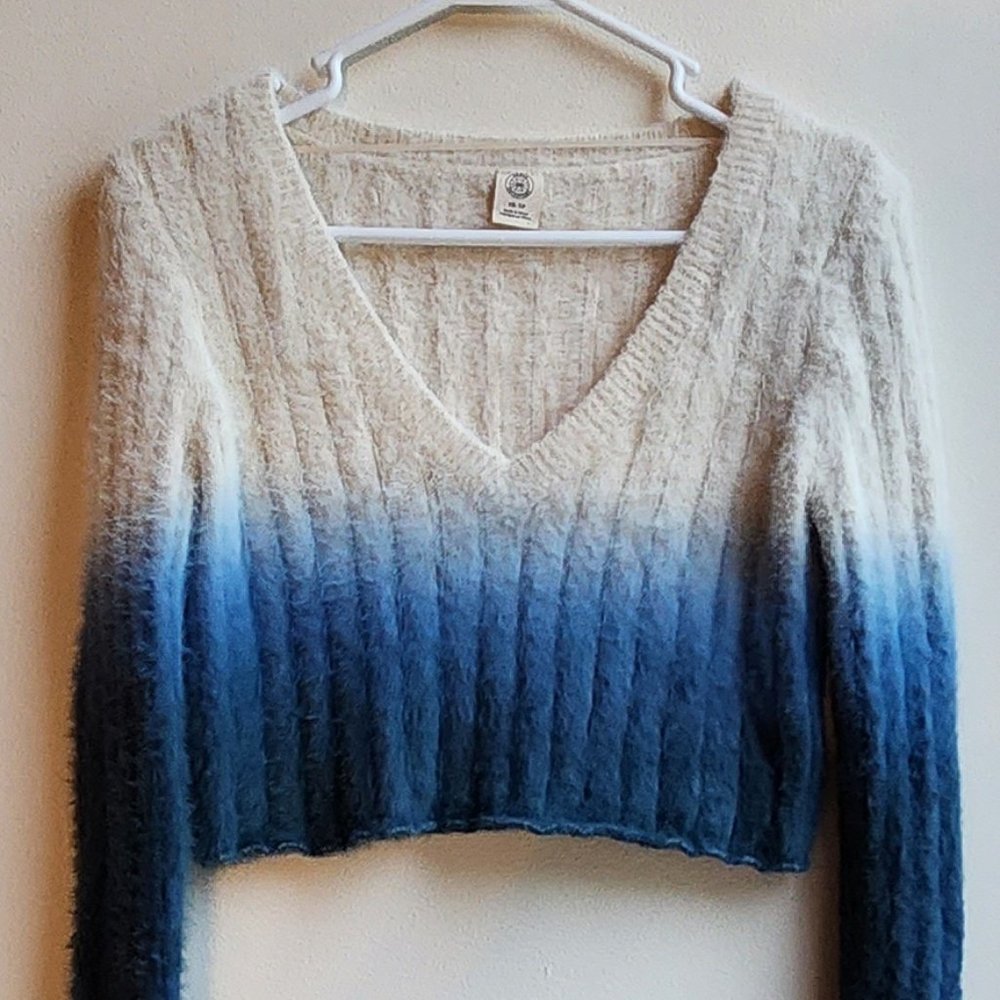 Urban Outfitters Cream/Blue Cropped V-Neck Sweater Size XS